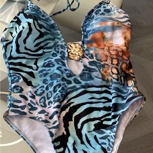 Animal Print One-Piece Swimsuit with Gold Accent